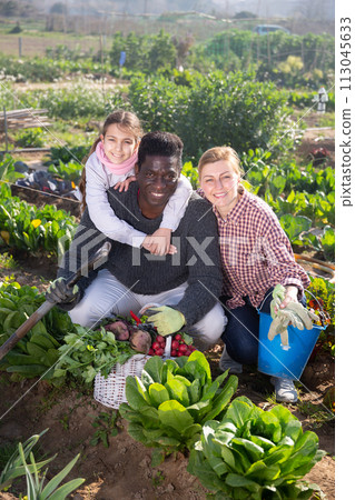 Portrait of a multinational family in the vegetable garden with a basket of harvested crops Portrait of a multinational family in the vegetable garden with a basket of harvested crops 113045633