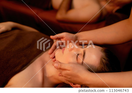 Couple customer enjoying relaxing anti-stress head massage. Quiescent 113046743