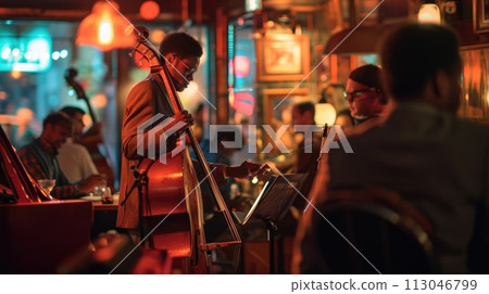 An evening at a jazz club, musicians in mid-performance,. Resplendent. 113046799