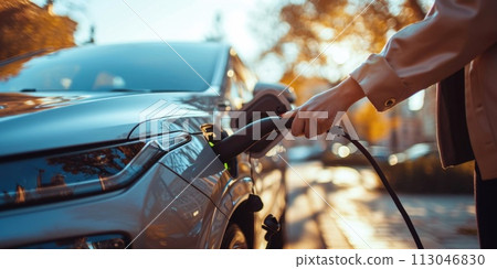 A picture of electric vehicle charging at charging station with charger. AIGX01. A picture of electric vehicle charging at charging station with charger. AIGX01. 113046830