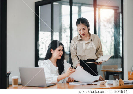 Two professional women engaging in a collaborative work discussion with laptops and notes on a bright office desk. Two professional women engaging in a collaborative work discussion with laptops and notes on a bright office desk. 113046943