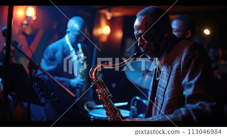 An evening at a jazz club, musicians in mid-performance,. Resplendent. 113046984