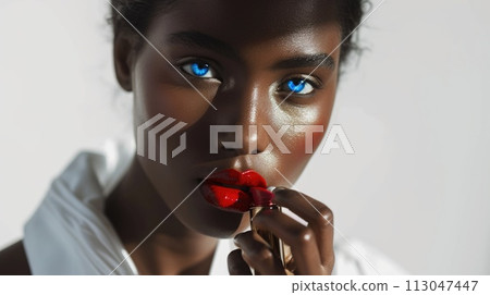 The picture of red lip young beautiful african woman looking at camera . AIGX01. 113047447