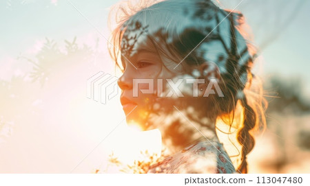 Closeup double exposure between caucasian young kid and peaceful nature. AIGX01. Closeup double exposure between caucasian young kid and peaceful nature. AIGX01. 113047480