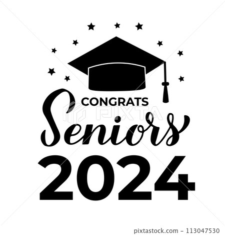 Congrats Seniors 2024 calligraphy lettering with graduation cap isolated on white. Congratulations to graduates typography poster. Vector template for greeting card, banner, sticker, etc. Congrats Seniors 2024 calligraphy lettering with graduation cap isolated on white. Congratulations to graduates typography poster. Vector template for greeting card, banner, sticker, etc. 113047530