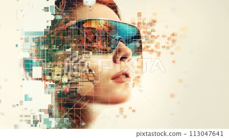 A woman wearing VR glasses depicting virtual reality technology AIGX04 113047641