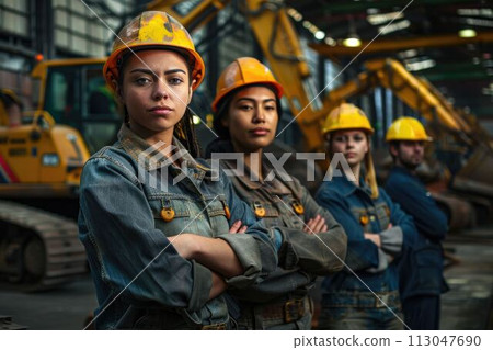 group of construction workers with background of excavation machinery aigx04 113047690
