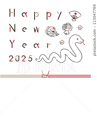 2025 Line drawing icon New Year's card Year of the Snake Mizuhiki Happy new year 113047769