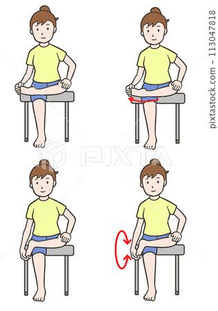 A woman sitting on a chair stretching and rotating her ankles A woman sitting on a chair stretching and rotating her ankles 113047818