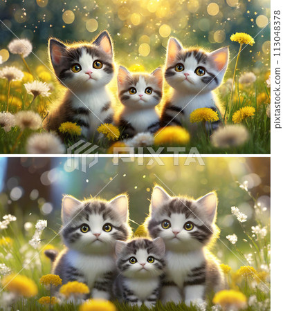 Adorable kitten family 3D characters in a dandelion field (2 images) | Edit adobe AI generated image to clear copyright issues 113048378