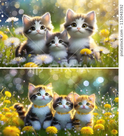 蒲公英田裡的可愛小貓家族 3D 角色（2 張圖片）| 編輯 adobe AI 生成的圖像以清除版權問題 113048392