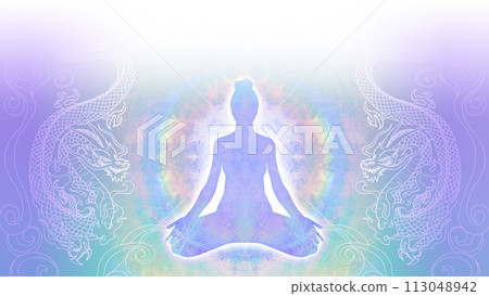 CG illustration material of a woman meditating yoga on an emerald and violet blue color background with a circle of dragon dragons and a rainbow 113048942