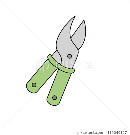 A pair of green pruning shears with a silver handle 113049127