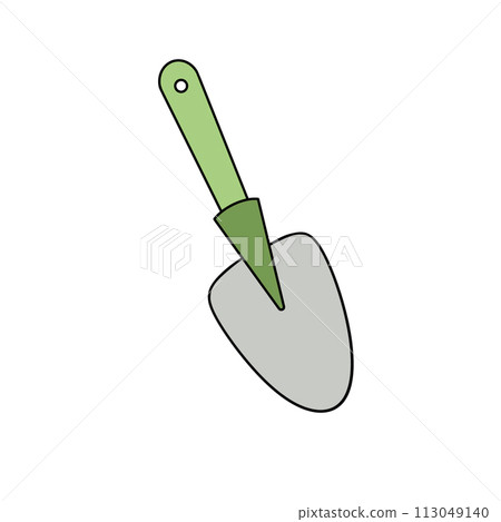 A green and silver gardening tool with a pointed end A green and silver gardening tool with a pointed end 113049140