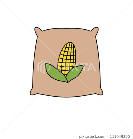 A cartoon drawing of a corn cob on top of a bag of grain A cartoon drawing of a corn cob on top of a bag of grain 113049290