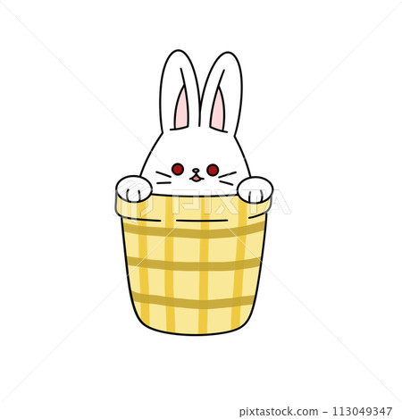 A cartoon rabbit is peeking out of a basket 113049347