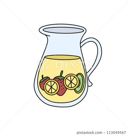 A pitcher of fruit punch with strawberries, oranges, and lime slices 113049567