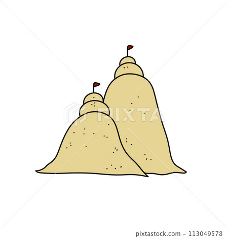 Two sandcastles with flags on top 113049578