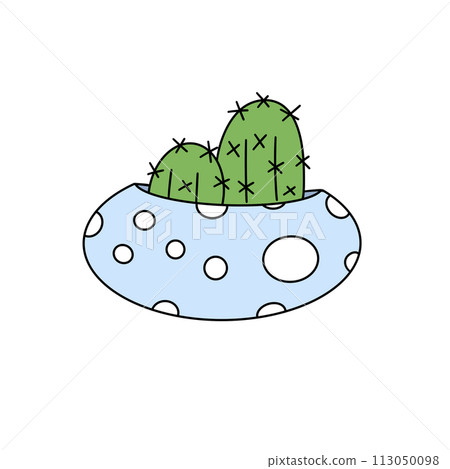 A cartoon drawing of a cactus in a blue and white bowl 113050098