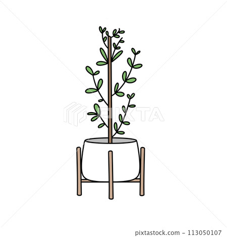 A potted plant with green leaves sits on a wooden stand 113050107
