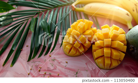 Mango fruit on a pink background with palm leaves. Tropical Banner Background for Summer Decorative Themes. Mango fruit on a pink background with palm leaves. Tropical Banner Background for Summer Decorative Themes. 113050400