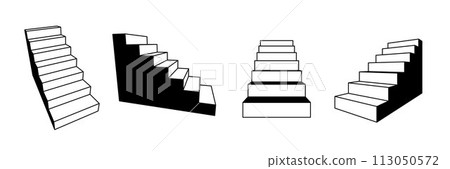 Simplified 3d stairway set. Linear staircase in different perspective. Black and white stair steps collection. Graphic design element pack concept for success, growth, promotion, progress. Vector Simplified 3d stairway set. Linear staircase in different perspective. Black and white stair steps collection. Graphic design element pack concept for success, growth, promotion, progress. Vector 113050572