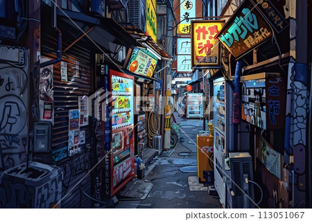 Back alley lined with retro vending machines 113051067