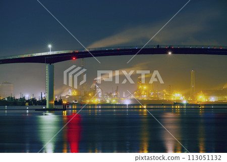 Illuminated bridge and industrial area at night 113051132