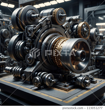 A machine with a complex network of gears and wheels. A machine with a complex network of gears and wheels. 113051277