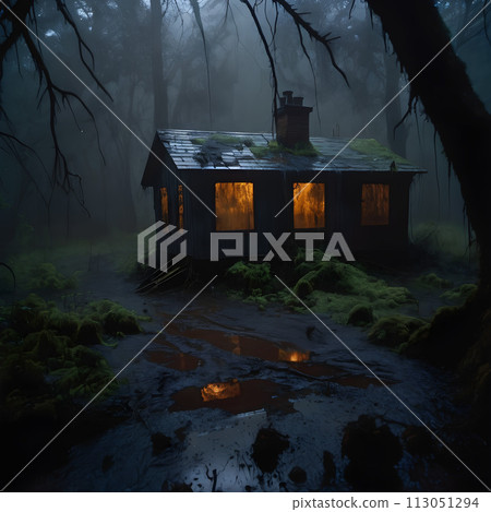 In a spooky forest, a decrepit cabin stands alone. 113051294