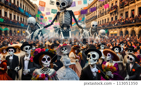 A large group of skeleton figures, in a Day of the Dead parade. A large group of skeleton figures, in a Day of the Dead parade. 113051350