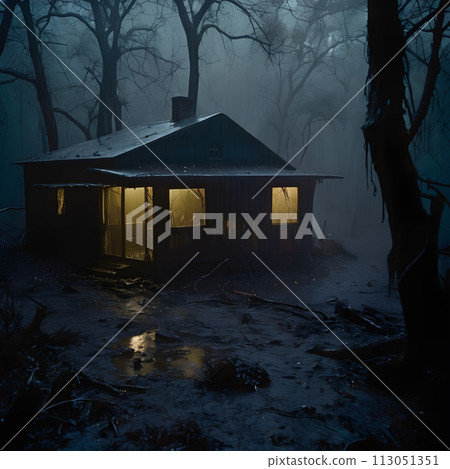 In a spooky forest, a decrepit cabin stands alone. 113051351