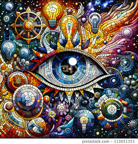 A mesmerizing mosaic art piece centered around the theme of an eye, 113051353
