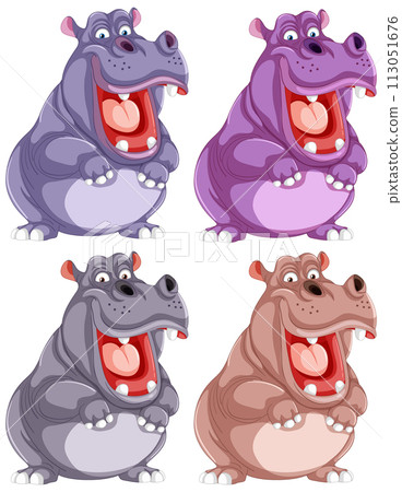 Colorful Cartoon Hippopotamus Quartet 113051676