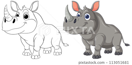 Cute Cartoon Rhino Before and After Coloring Cute Cartoon Rhino Before and After Coloring 113051681