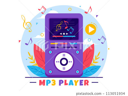 MP3 Player Vector Illustration with Musical Notation, Headphones, Headset and Phone of Music Listening Devices in Mobile App on Flat Background 113051934