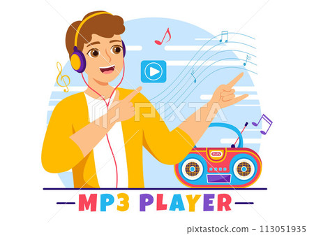 MP3 Player Vector Illustration with Musical Notation, Headphones, Headset and Phone of Music Listening Devices in Mobile App on Flat Background 113051935