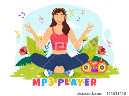 MP3 Player Vector Illustration with Musical Notation, Headphones, Headset and Phone of Music Listening Devices in Mobile App on Flat Background 113051936