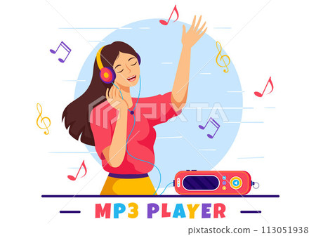 MP3 Player Vector Illustration with Musical Notation, Headphones, Headset and Phone of Music Listening Devices in Mobile App on Flat Background 113051938