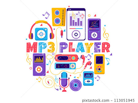 MP3 Player Vector Illustration with Musical Notation, Headphones, Headset and Phone of Music Listening Devices in Mobile App on Flat Background 113051945
