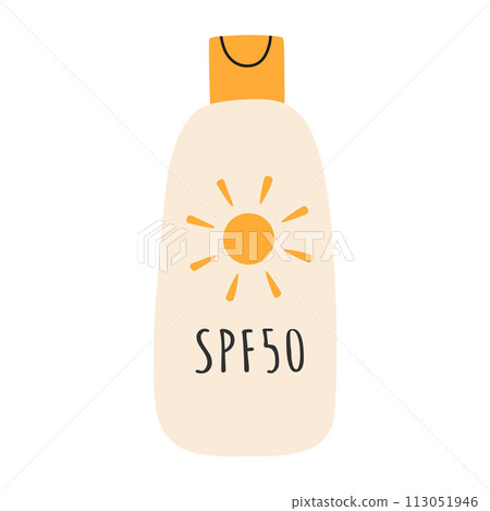 Sunscreen, lotion with SPF. Sun protection and sun safety. Sunscreen, lotion with SPF. Sunscreen lotion isolated. hand drawn vector illustration. Flat style. Sunscreen, lotion with SPF. Sun protection and sun safety. Sunscreen, lotion with SPF. Sunscreen lotion isolated. hand drawn vector illustration. Flat style. 113051946
