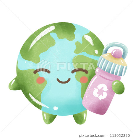 Handdrawn Crayon Illustration of Earth day Clipart, Earth green globe eco friendly environment awareness earth holidng a reusable water bottle  113052250