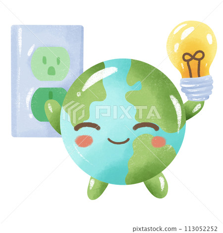 Handdrawn Crayon Illustration of Earth day Clipart, Earth green globe eco friendly environment awareness earth turning the light off with a lightbulb 113052252