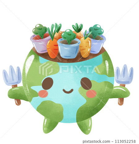 Handdrawn Crayon Illustration of Earth day Clipart, Earth green globe eco friendly environment awareness Earth with vegetables garden on its head Handdrawn Crayon Illustration of Earth day Clipart, Earth green globe eco friendly environment awareness Earth with vegetables garden on its head 113052258