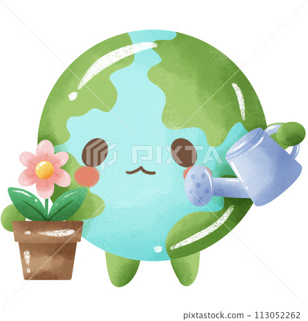 Handdrawn Crayon Illustration of Earth day Clipart, Earth green globe eco friendly environment awareness Earth holding two pink flowers  113052262