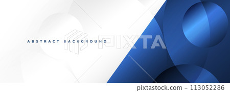 White and blue modern abstract wide banner with circles and geometric curve shapes. Dark blue and white abstract background. 113052286