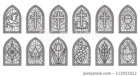 Church glass windows. Stained mosaic catholic and christian frames with cross. Vector gothic medieval outline arches isolated on white background 113052922