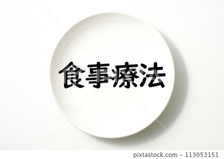 Words and keywords related to food on white plates 113053151