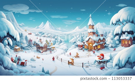 Cartoon Christmas scene with playful characters 113053337