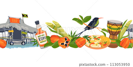 Seamless border with Jamaica landmarks. Traditional food, hummingbird, beach bar, national fruit ackee, Rastafarianism, waterfall, rum. Vector for the design of travel brochures, tourist maps. 113053950